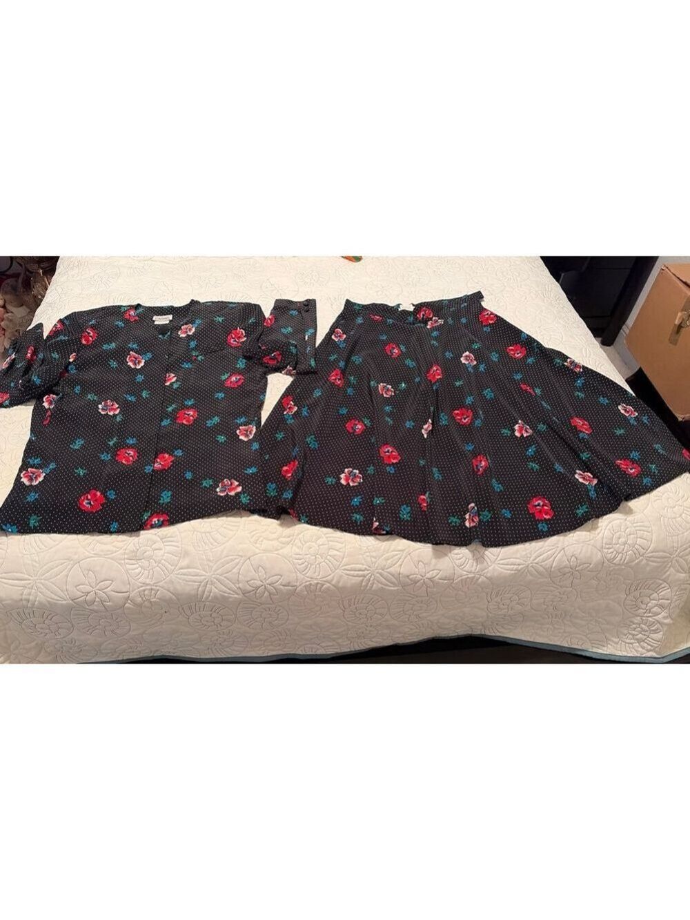 Women's CARMEL Black Red Floral Polka Dot Skirt Set, Size 14 #0026